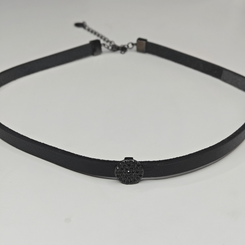 925 Sterling Silver Leather Choker Necklace Women Black Pave Rhinestone Goth